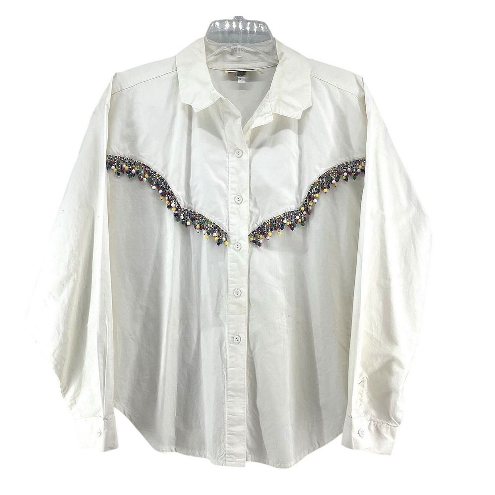 Vintage 90s Beaded Button Up Shirt Women's L White Fringe Western Funky Boho